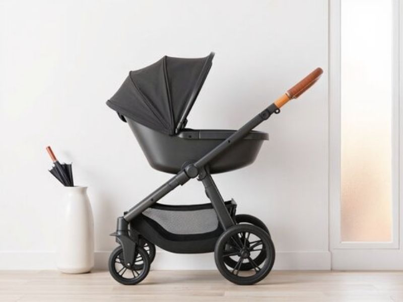 Poussette avec cosy clipsé en intérieur sur fond blanc, illustrant l’expertise d'une Baby Planner à Caen pour le choix du matériel bébé.